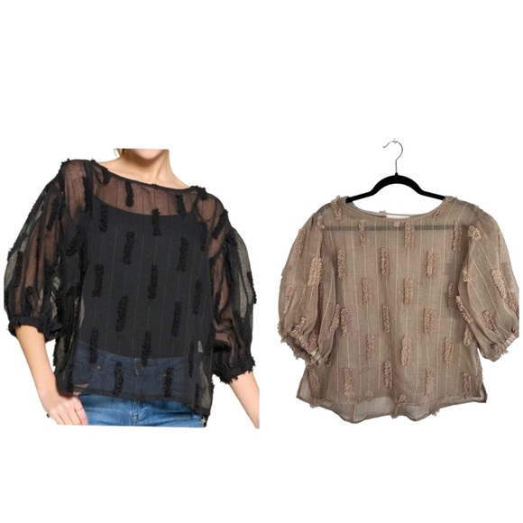 Tops - Taupe brown sheer statement puff sleeve pin stripe boxy oversized top M
